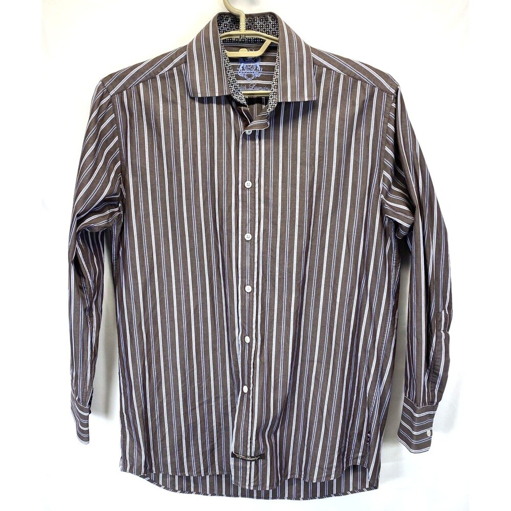 English Laundry Men's Dress Shirt 15.5 32/33 Brown/Blue/White Stripe Flip Cuff